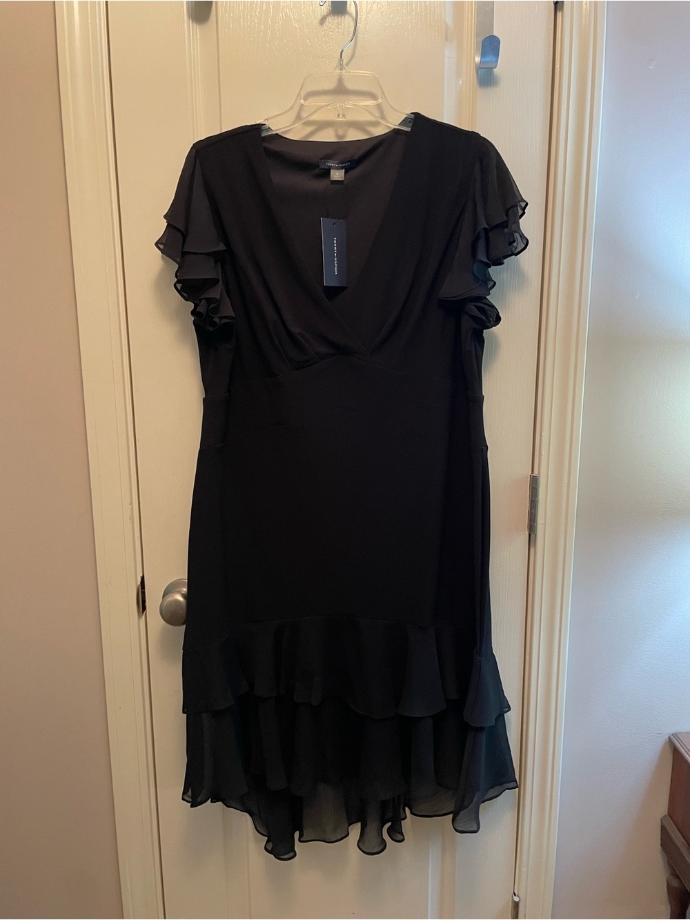 Tommy Hilfiger Black V-Neck Ruffle Hem Dress
